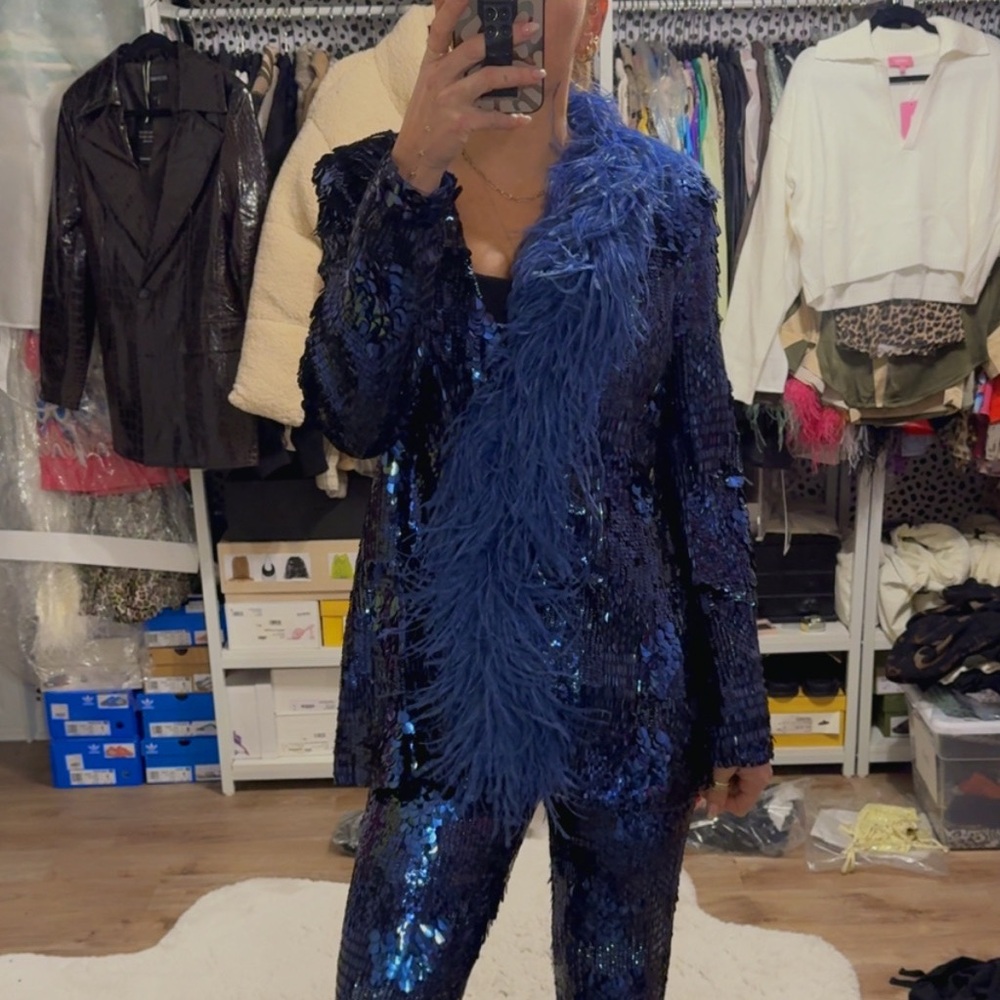 LAPOINTE Blue Blazer Patchwork Sequin Feather Trim Blazer - Picture 9 of 13